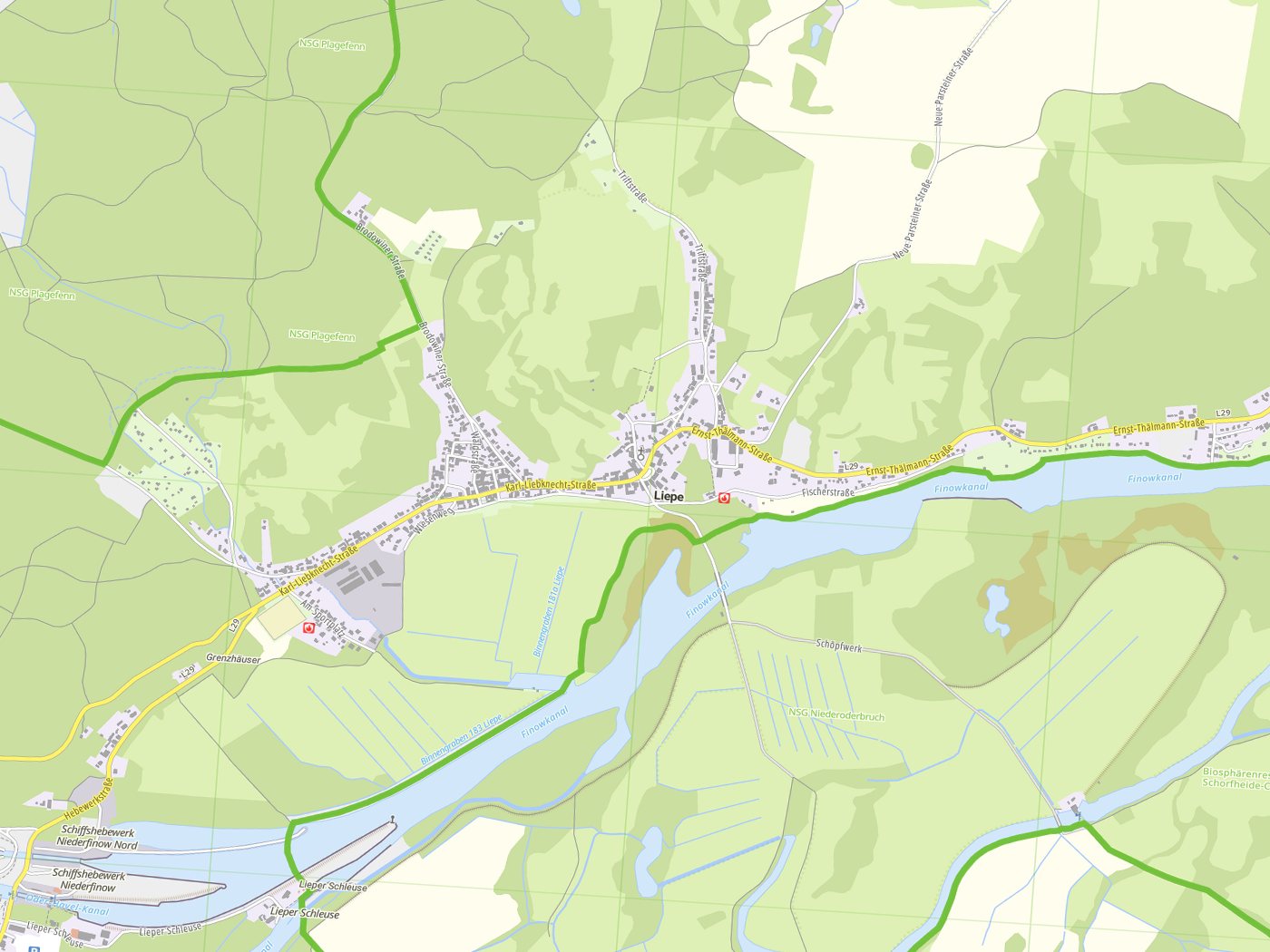 Kartenausschnitt Liepe mit Gewässern