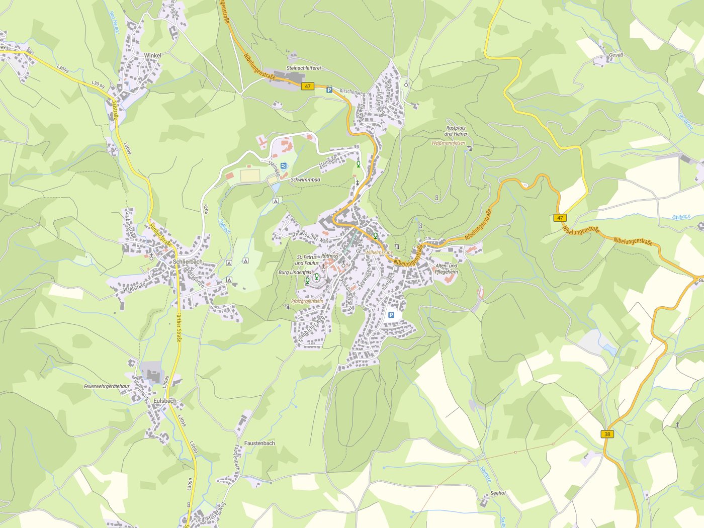 Kartenausschnitt Lindenfels mit Gewässern