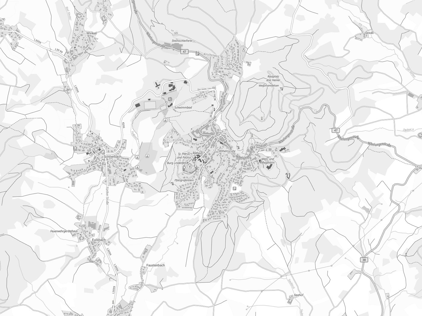 Kartenausschnitt Lindenfels mit Gewässern