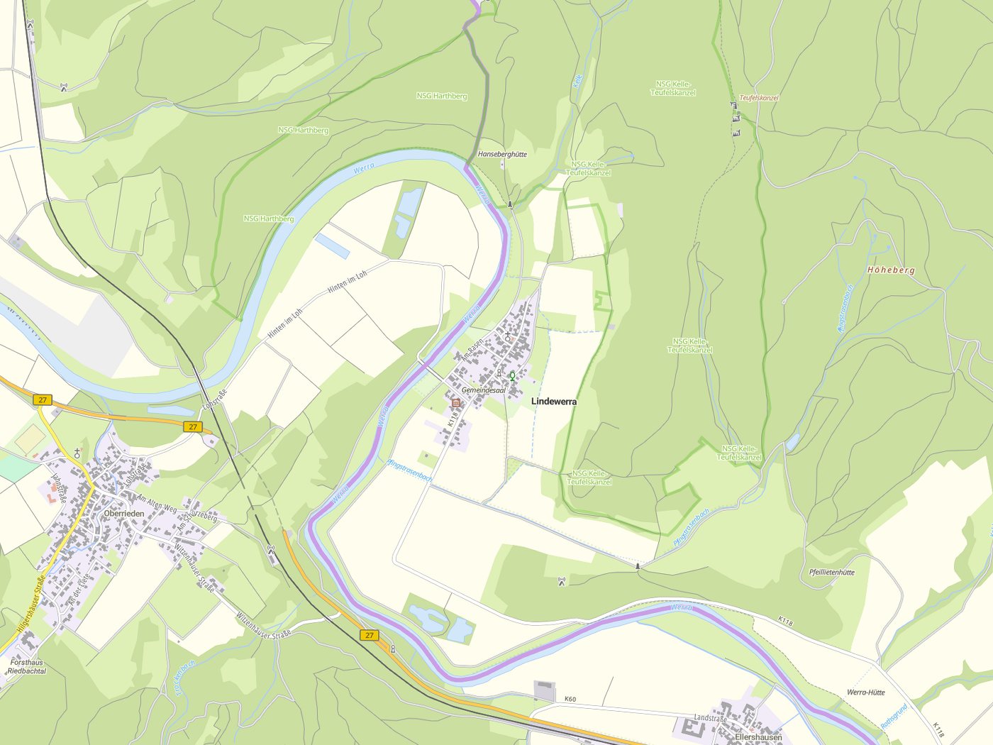 Kartenausschnitt Lindewerra mit Gewässern