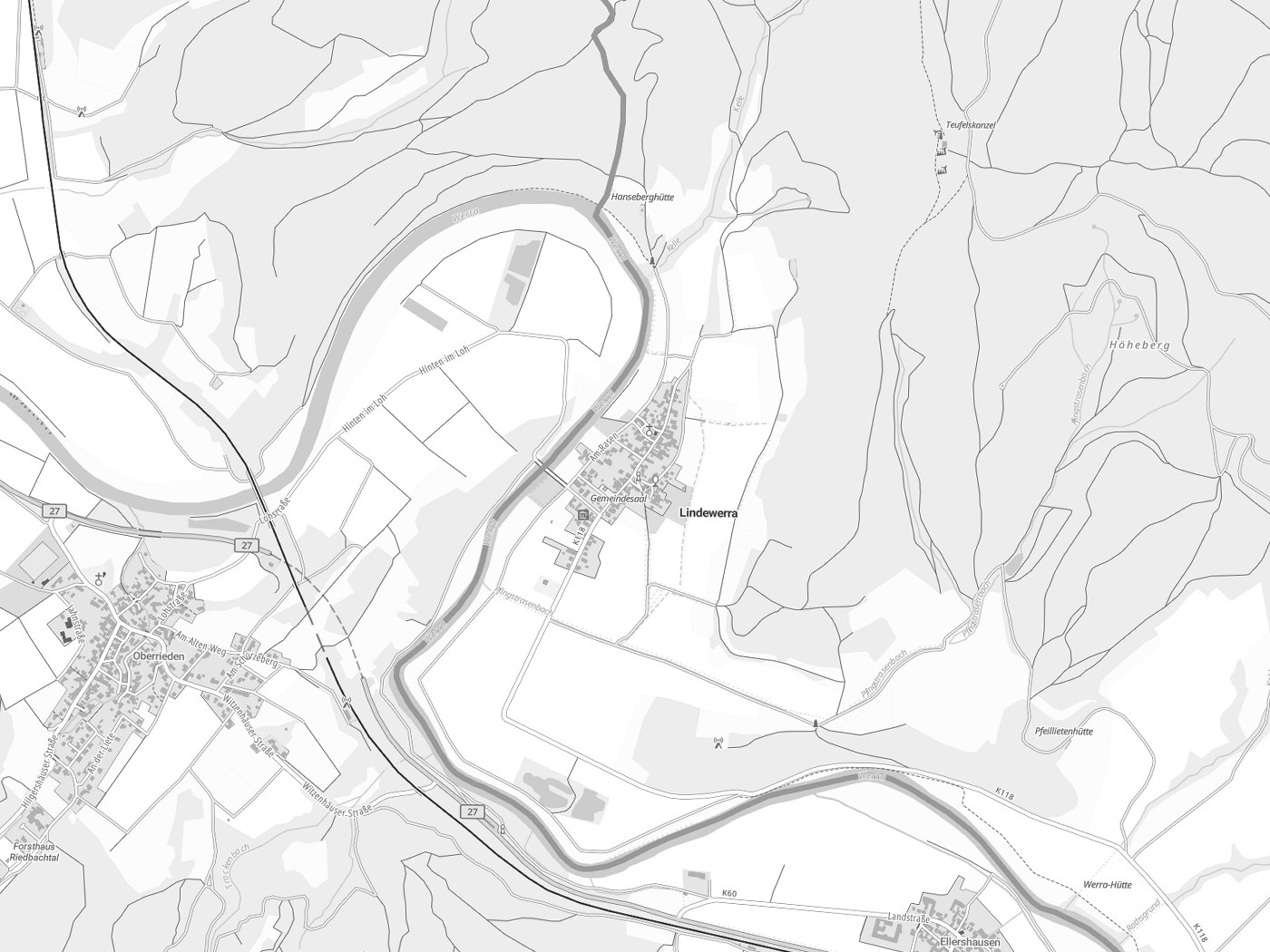 Kartenausschnitt Lindewerra mit Gewässern