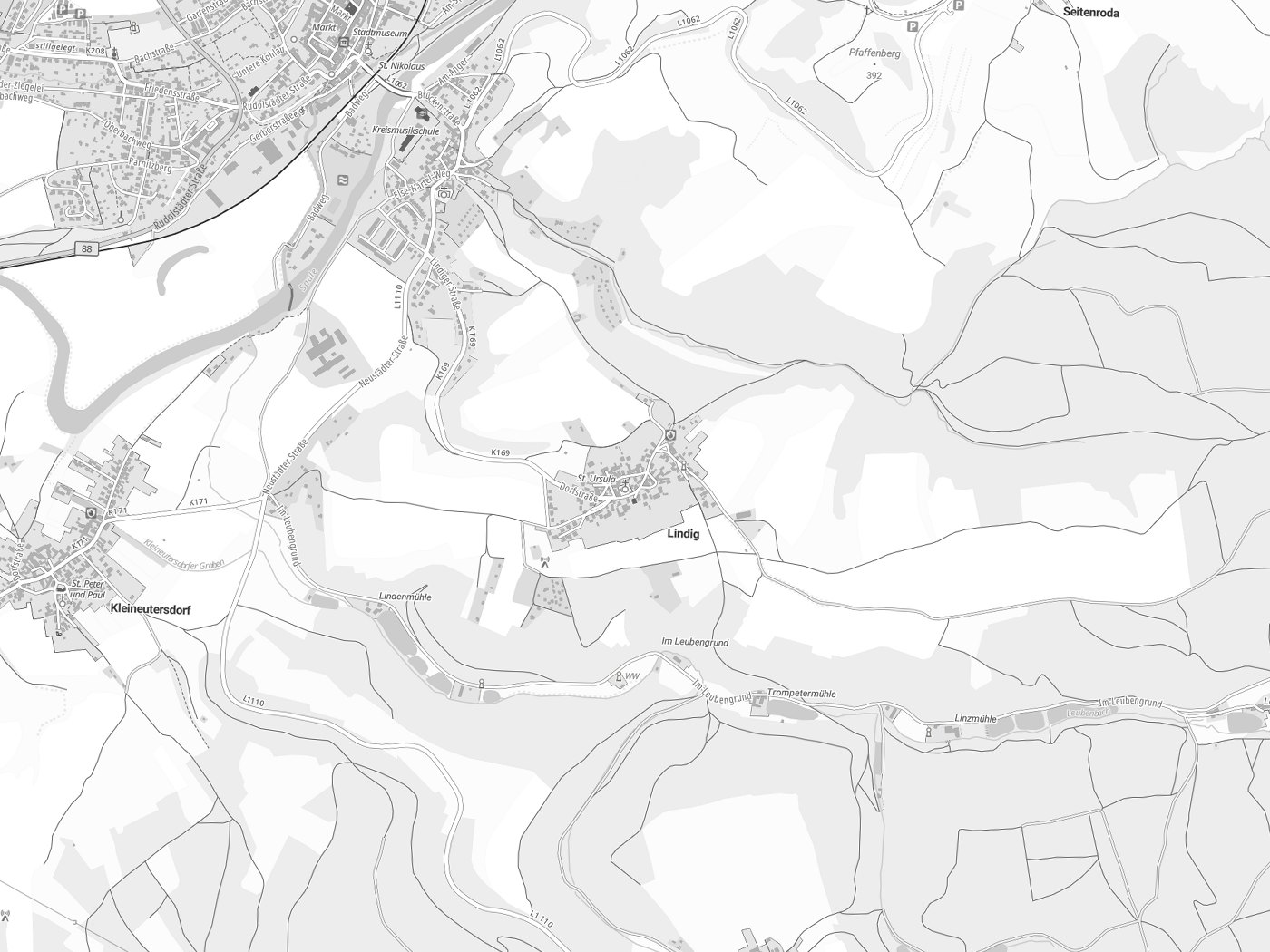 Kartenausschnitt Lindig mit Gewässern