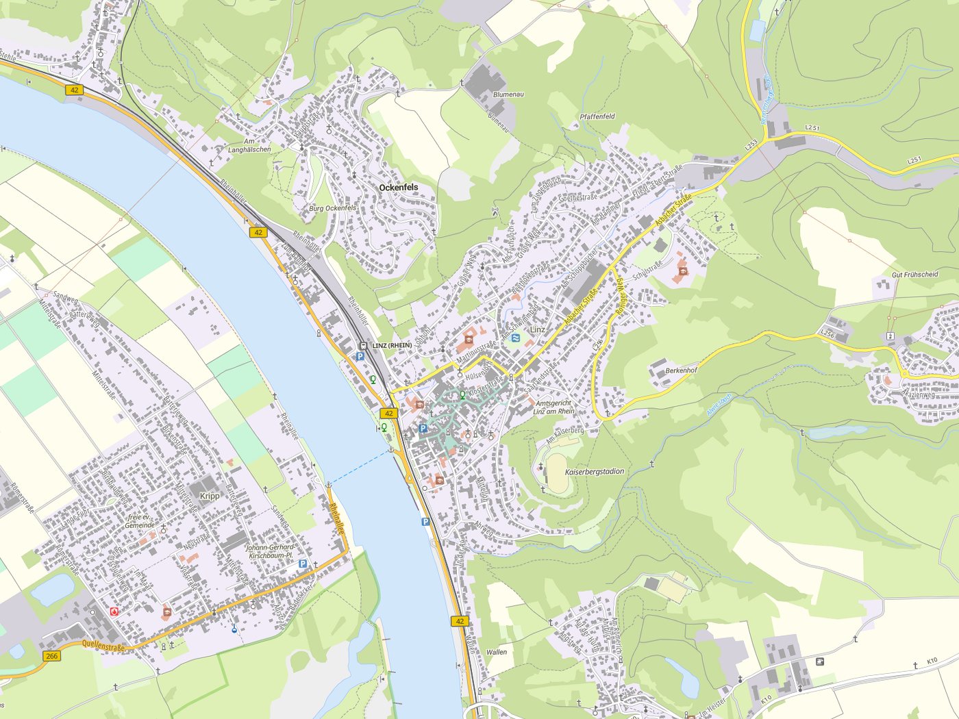 Kartenausschnitt Linz am Rhein mit Gewässern