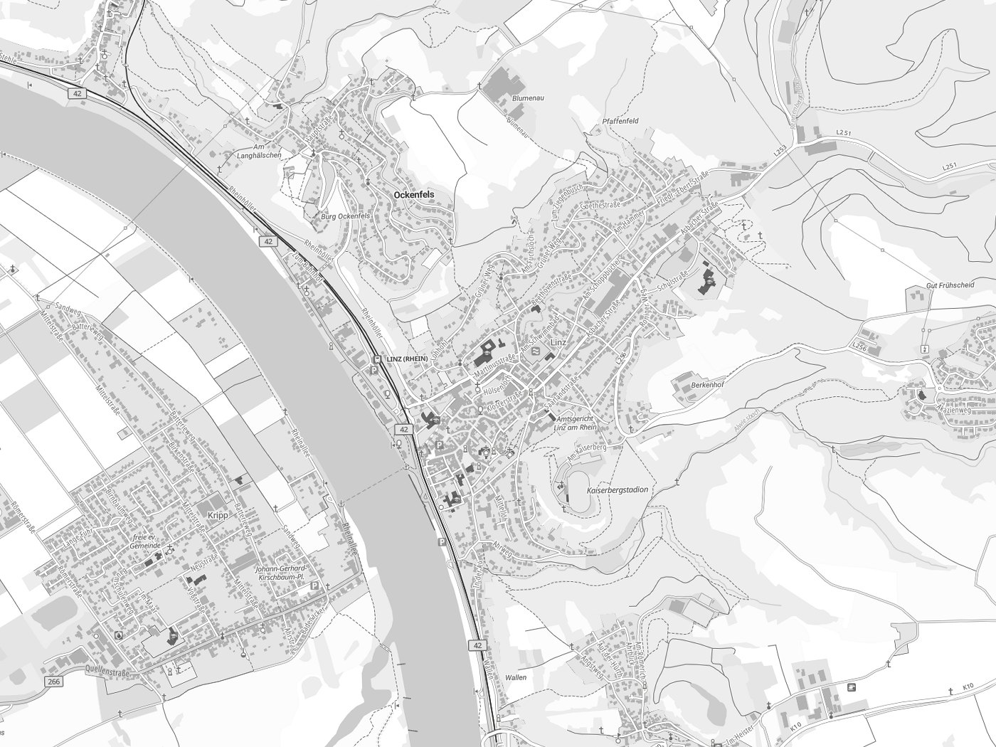 Kartenausschnitt Linz am Rhein mit Gewässern