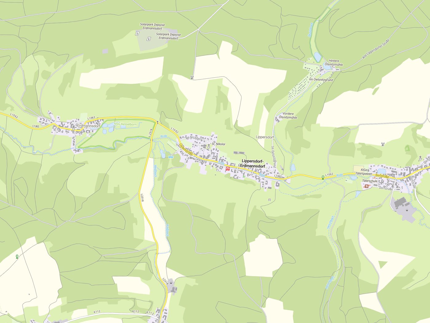 Kartenausschnitt Lippersdorf-Erdmannsdorf mit Gewässern