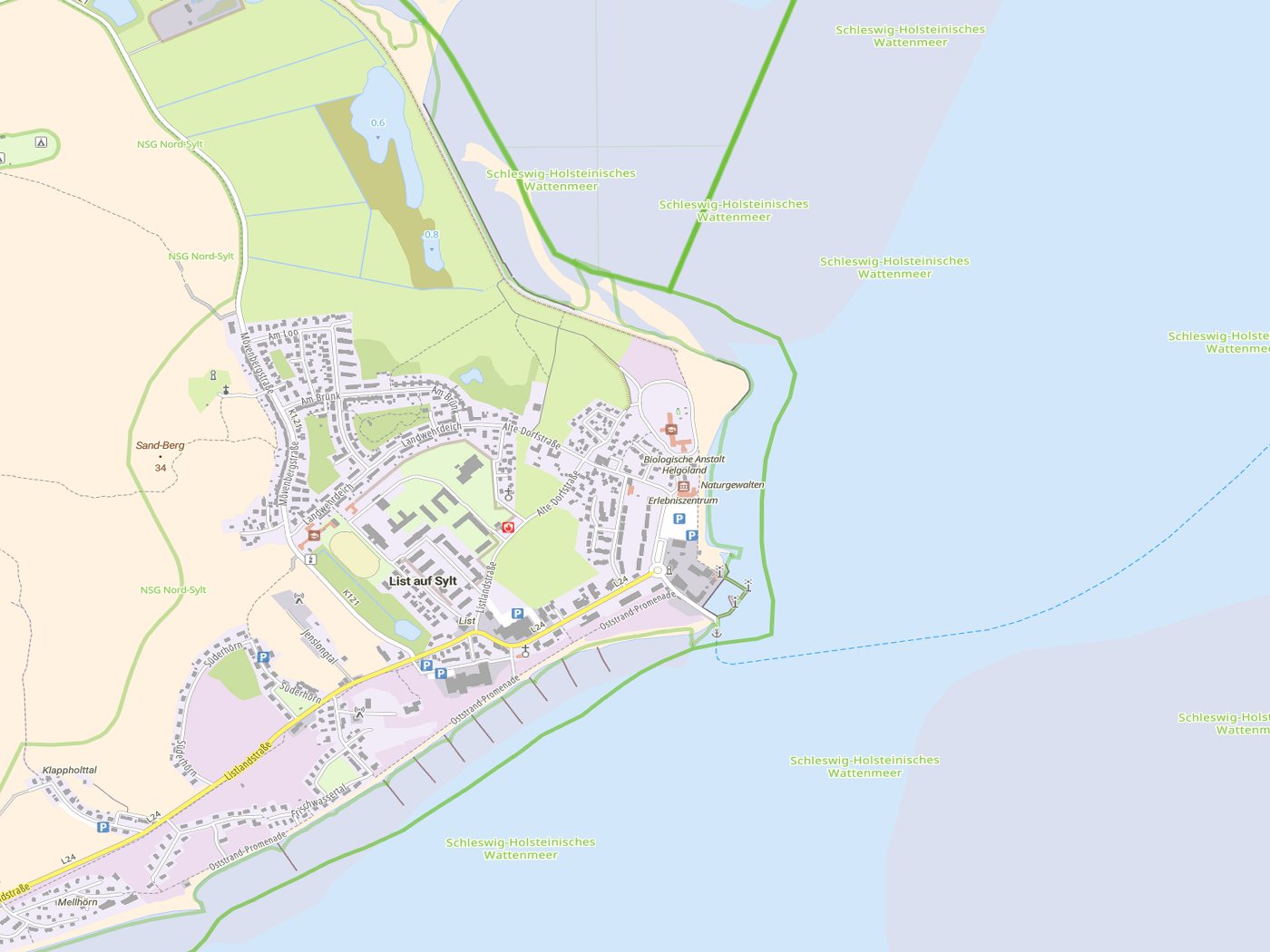 Kartenausschnitt List auf Sylt mit Gewässern