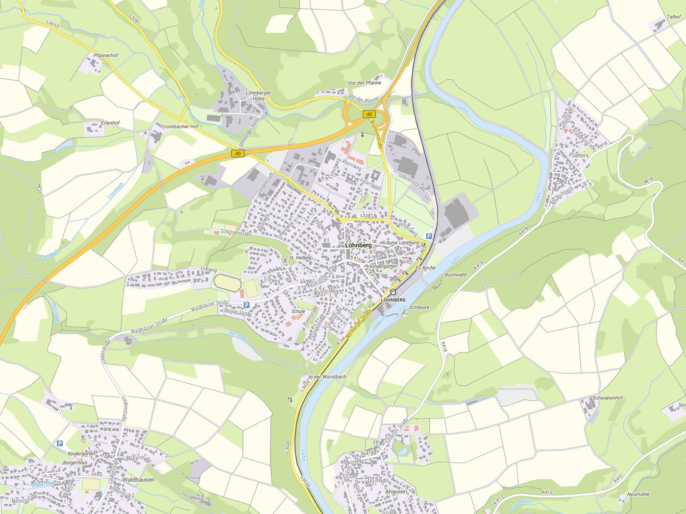 Kartenausschnitt Löhnberg mit Gewässern