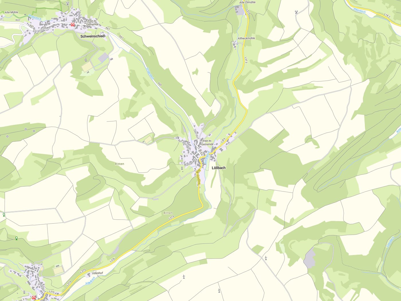 Kartenausschnitt Löllbach mit Gewässern