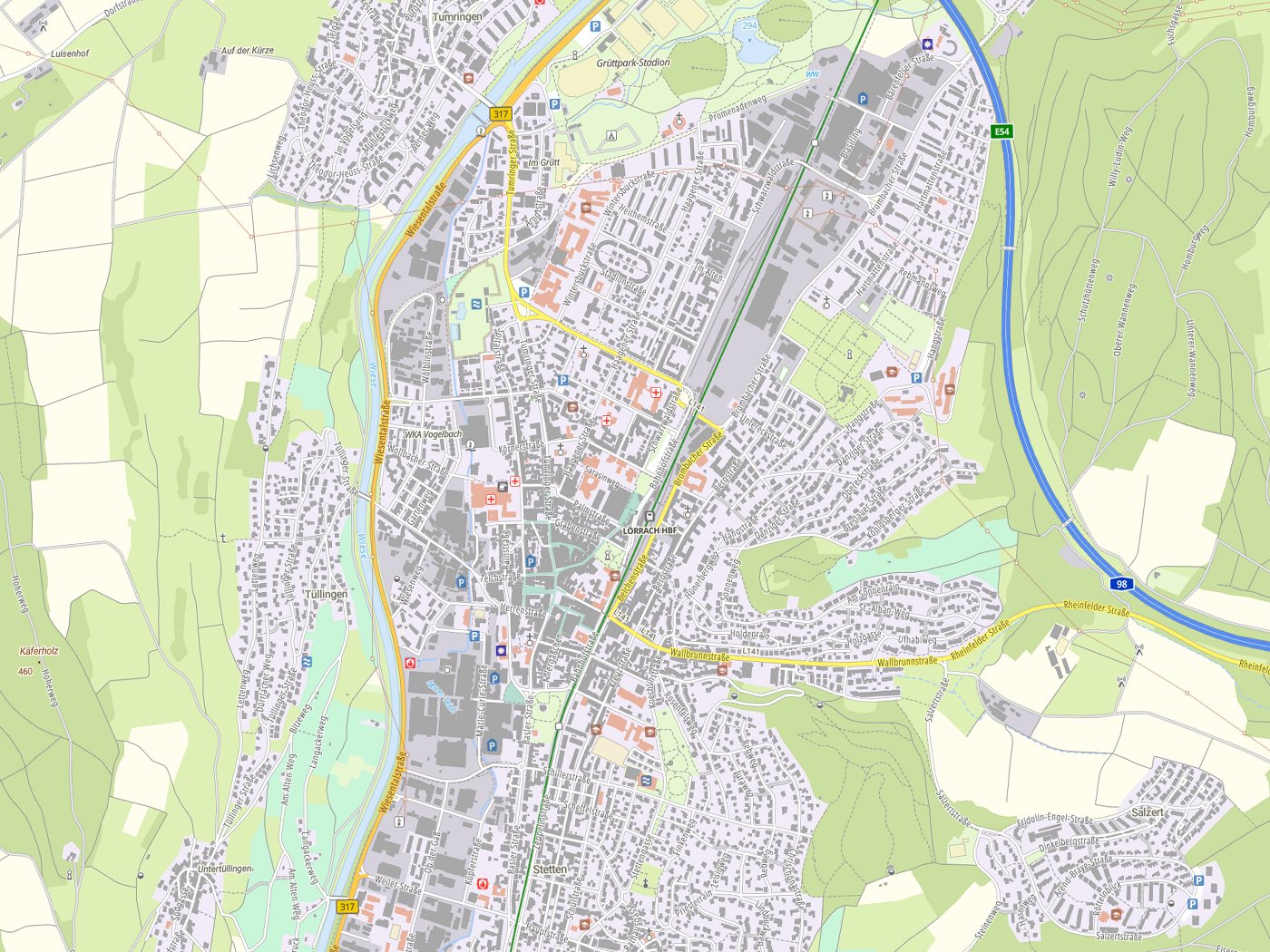 Kartenausschnitt Lörrach mit Gewässern
