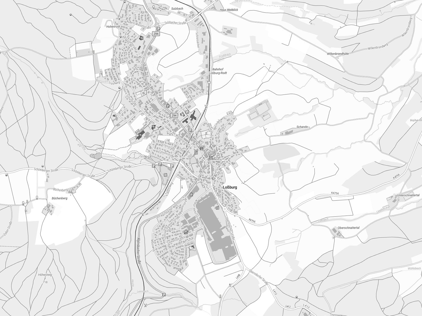 Kartenausschnitt Loßburg mit Gewässern