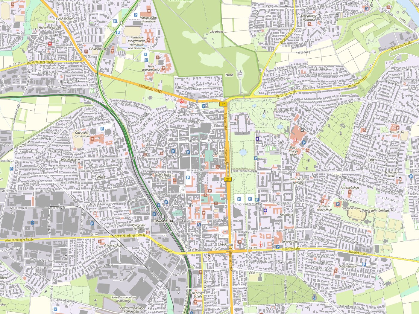 Kartenausschnitt Ludwigsburg mit Gewässern