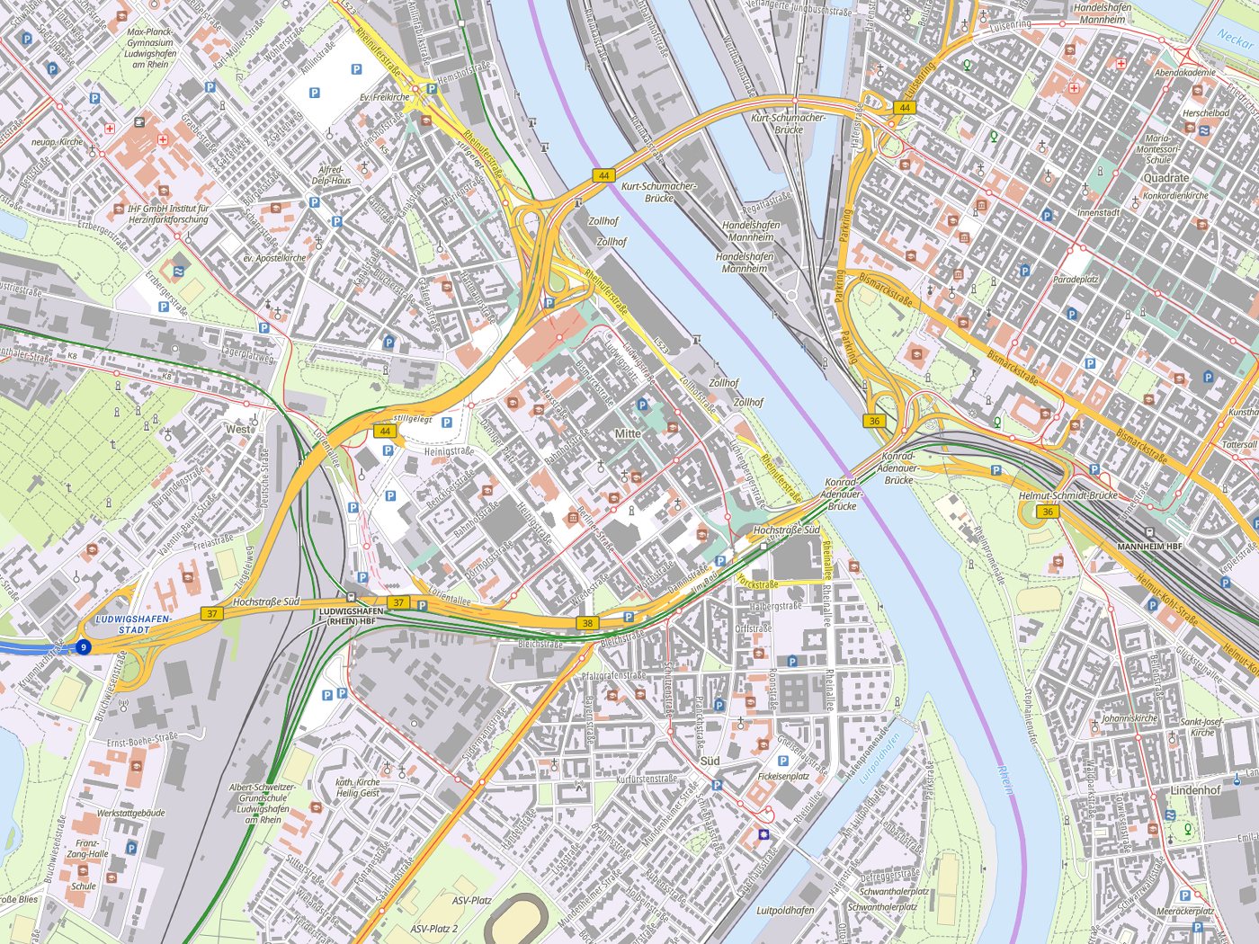 Kartenausschnitt Ludwigshafen am Rhein mit Gewässern