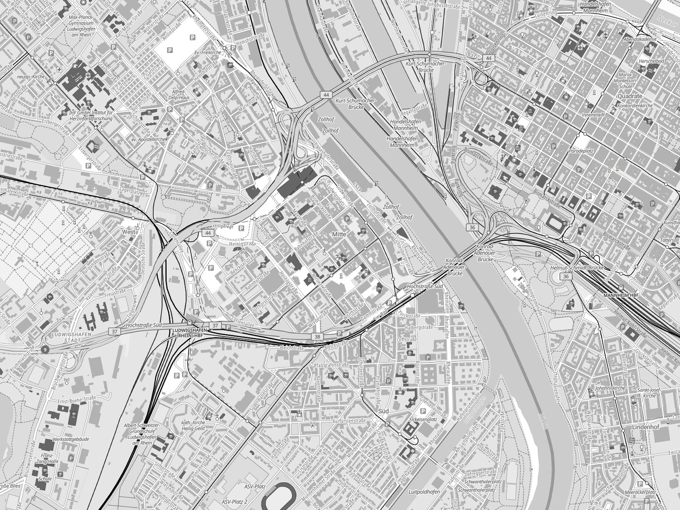 Kartenausschnitt Ludwigshafen am Rhein mit Gewässern