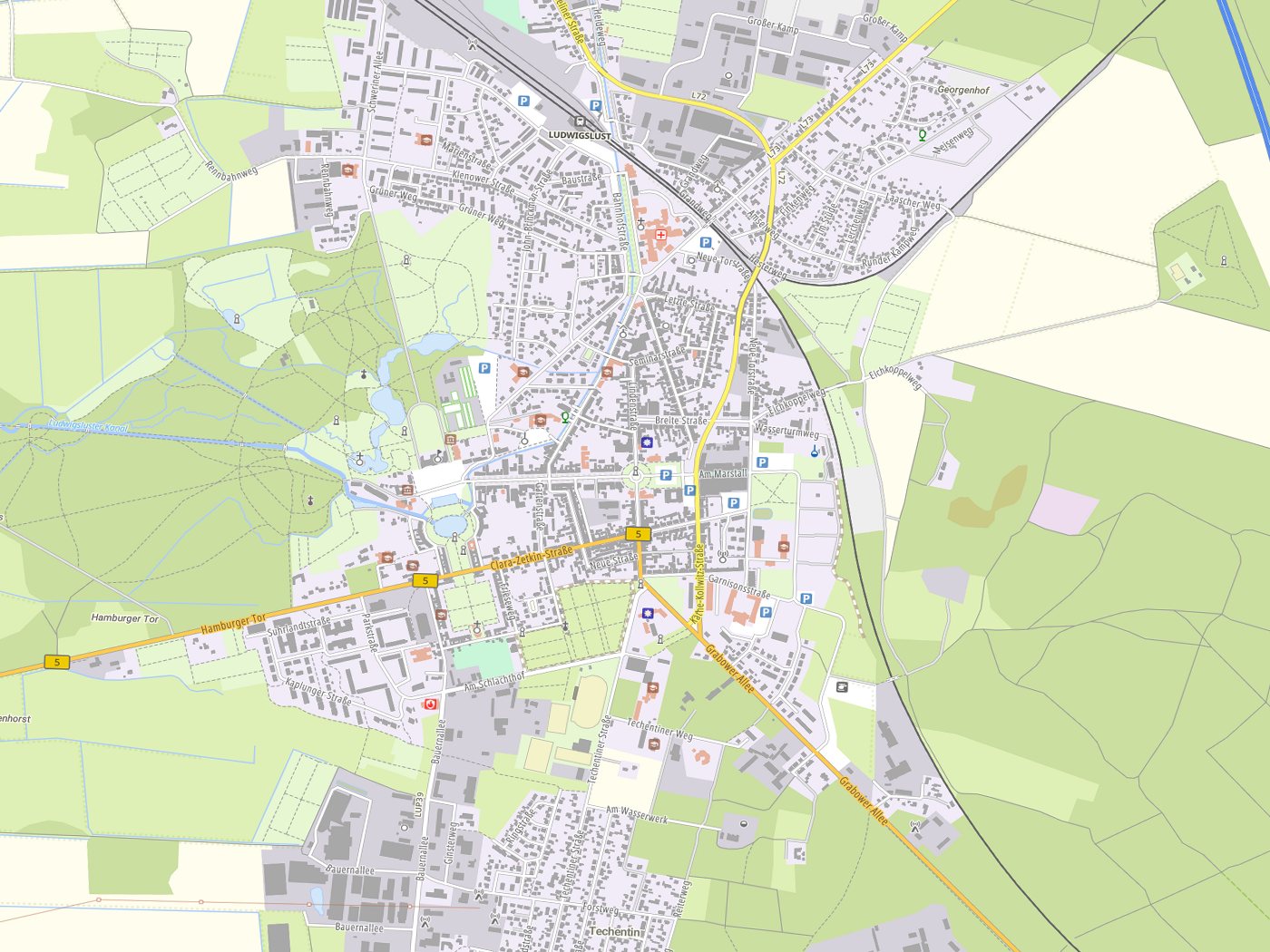 Kartenausschnitt Ludwigslust mit Gewässern