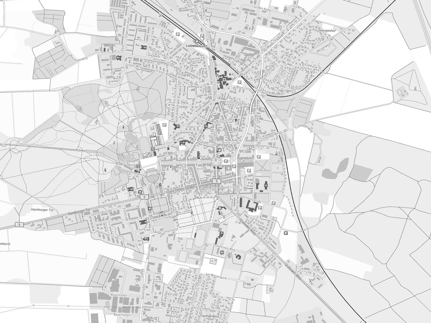 Kartenausschnitt Ludwigslust mit Gewässern