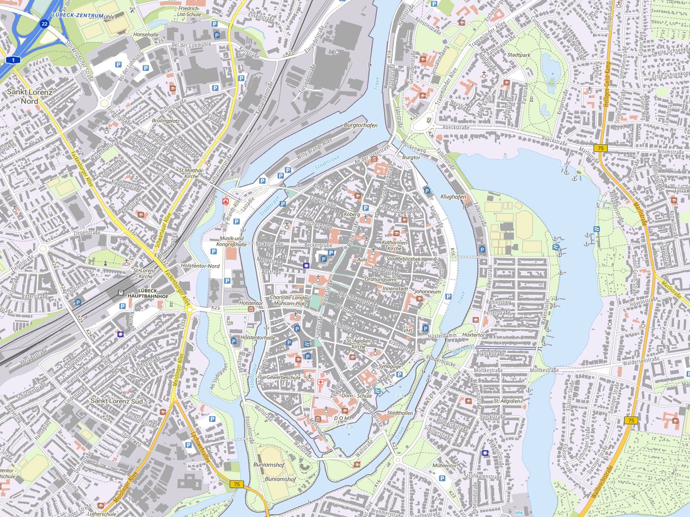 Kartenausschnitt Lübeck mit Gewässern