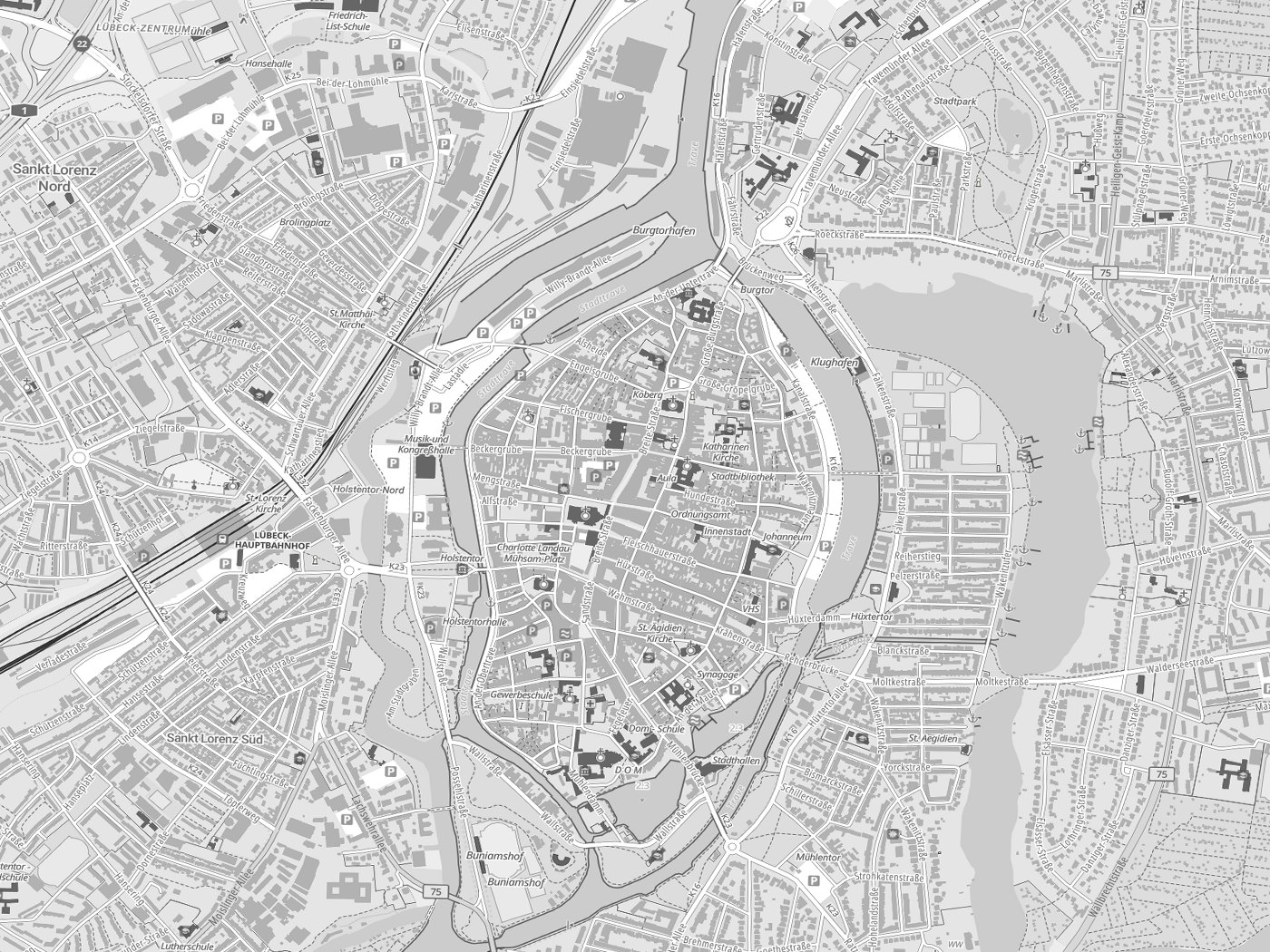 Kartenausschnitt Lübeck mit Gewässern