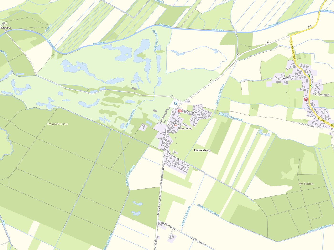 Kartenausschnitt Lüdersburg mit Gewässern