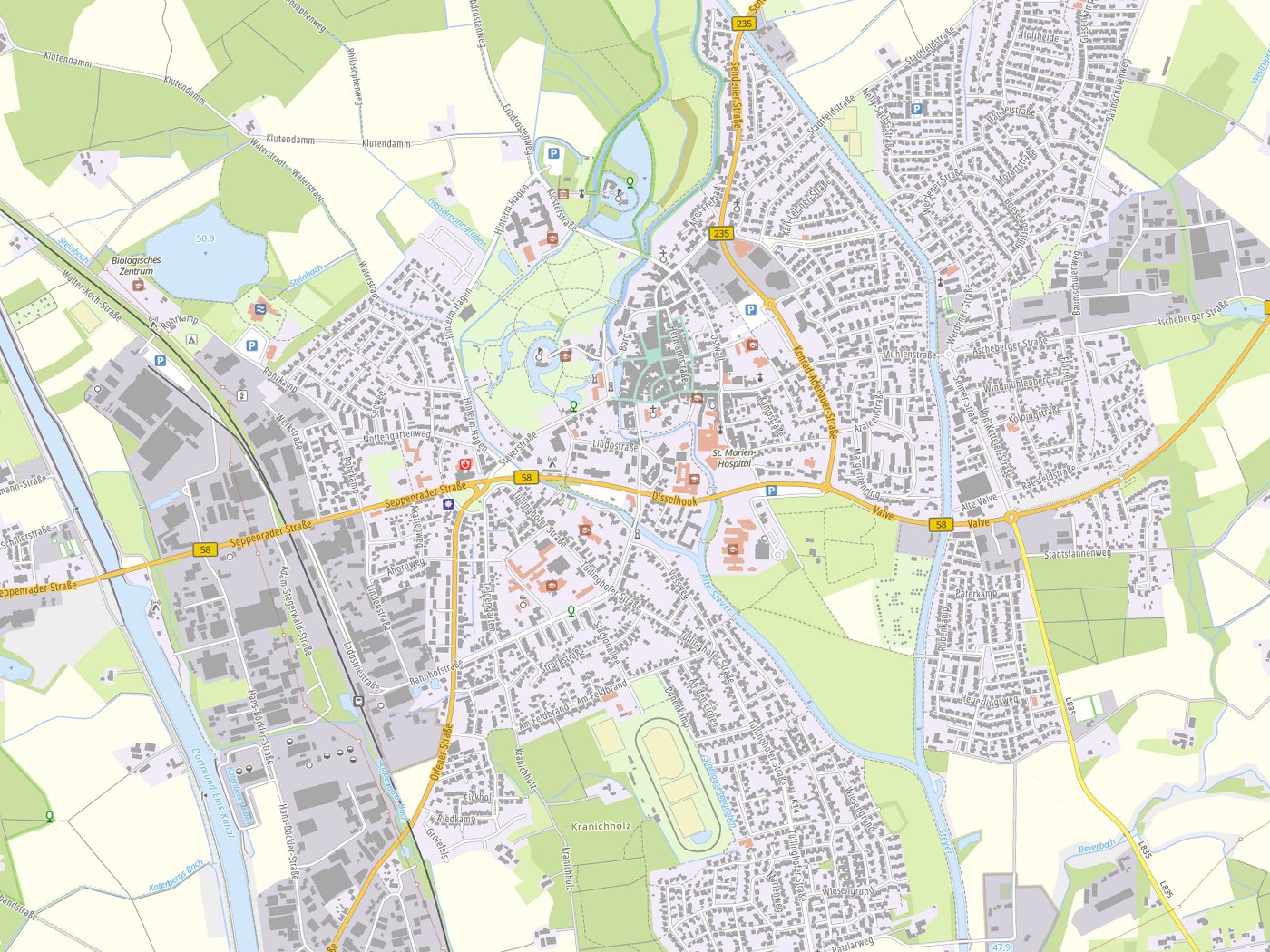 Kartenausschnitt Lüdinghausen mit Gewässern