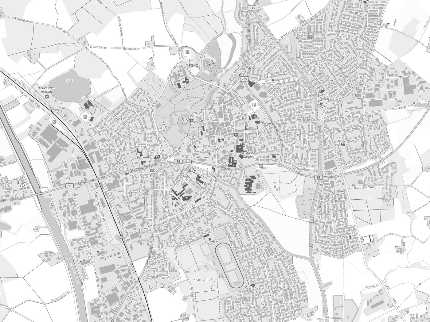 Kartenausschnitt Lüdinghausen mit Gewässern