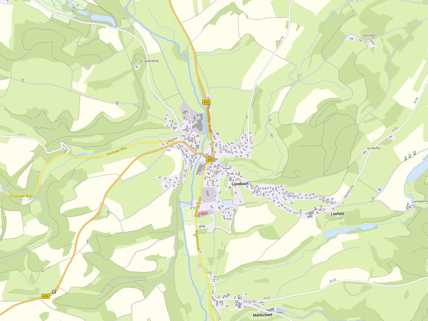 Kartenausschnitt Lünebach mit Gewässern