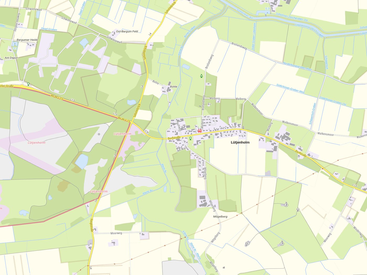 Kartenausschnitt Lütjenholm mit Gewässern