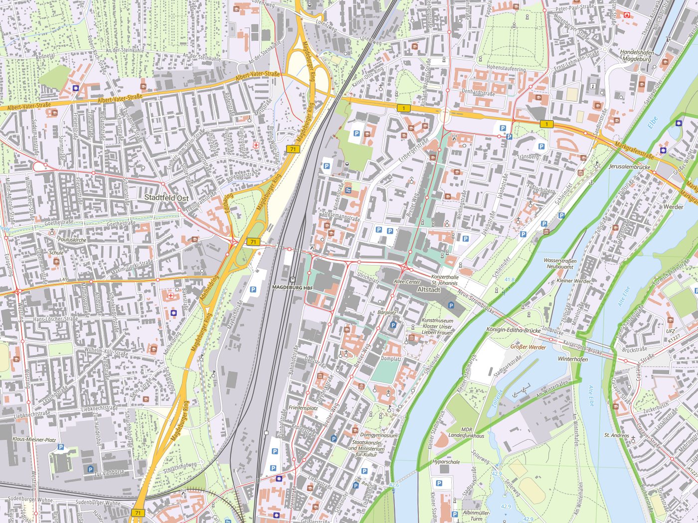 Kartenausschnitt Magdeburg mit Gewässern