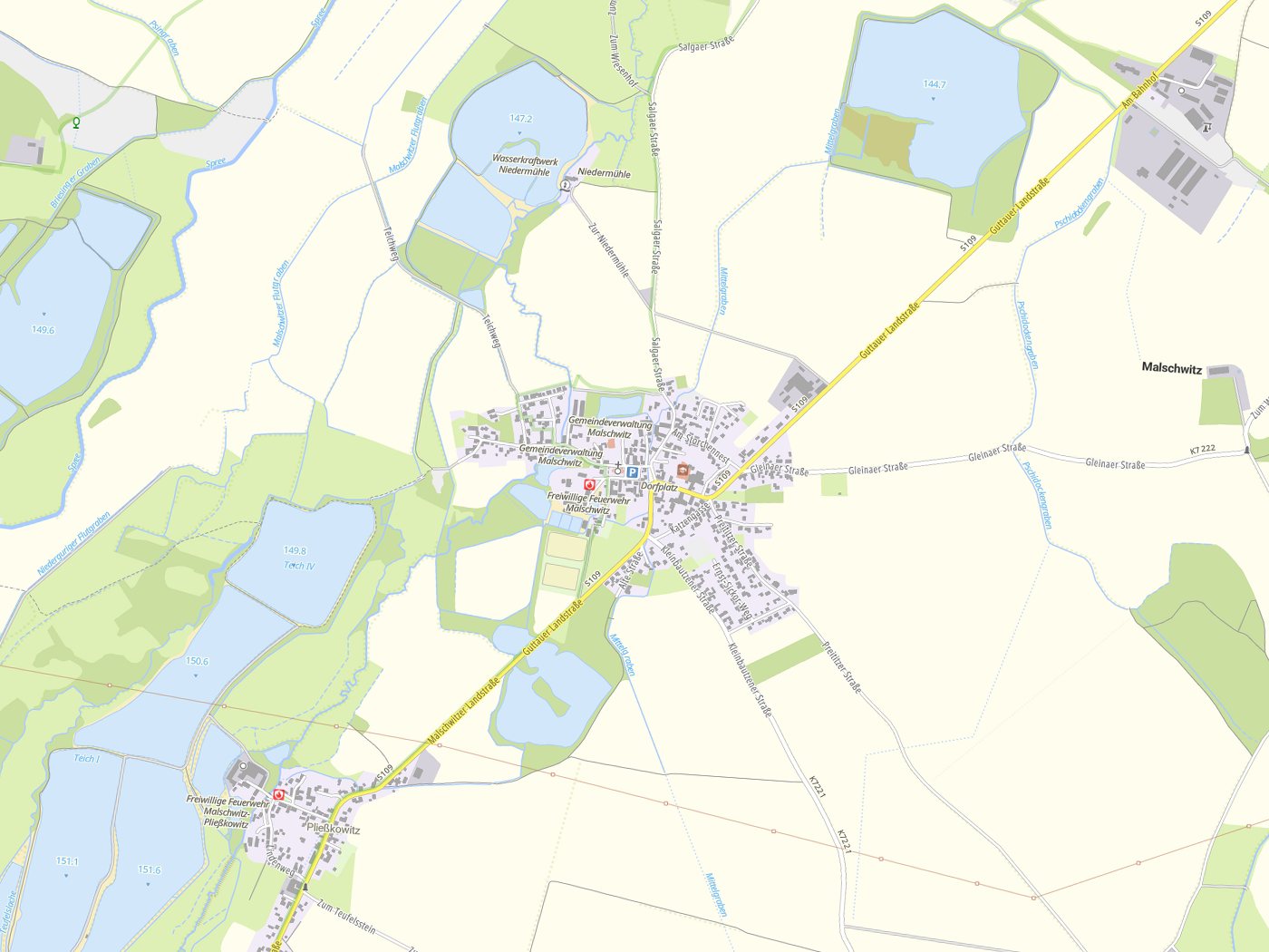 Kartenausschnitt Malschwitz / Malešecy mit Gewässern