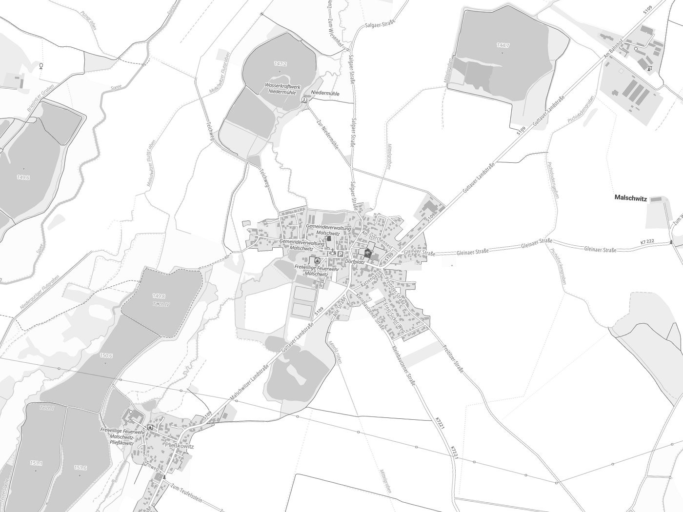 Kartenausschnitt Malschwitz / Malešecy mit Gewässern