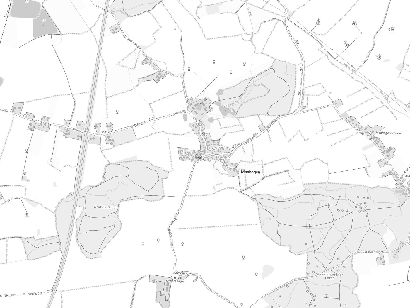 Kartenausschnitt Manhagen mit Gewässern