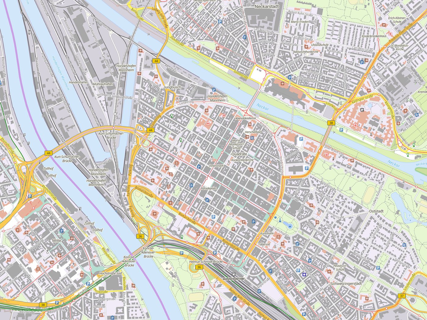 Kartenausschnitt Mannheim mit Gewässern