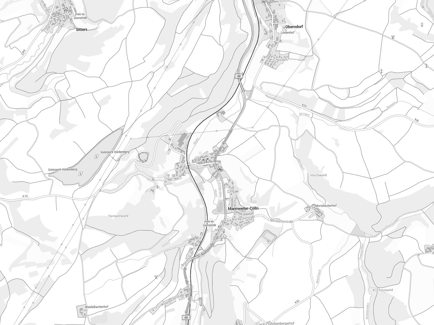Kartenausschnitt Mannweiler-Cölln mit Gewässern