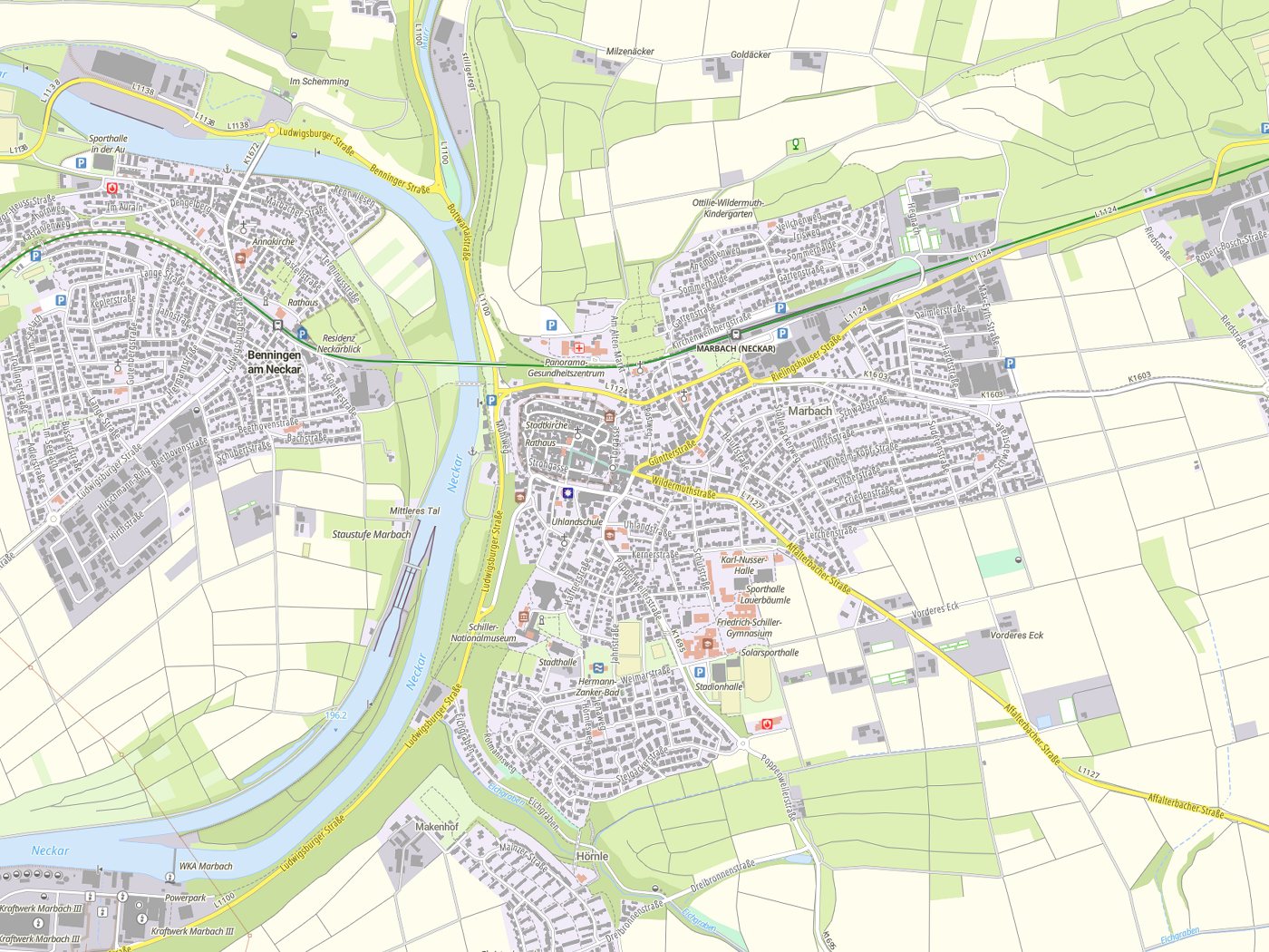 Kartenausschnitt Marbach am Neckar mit Gewässern