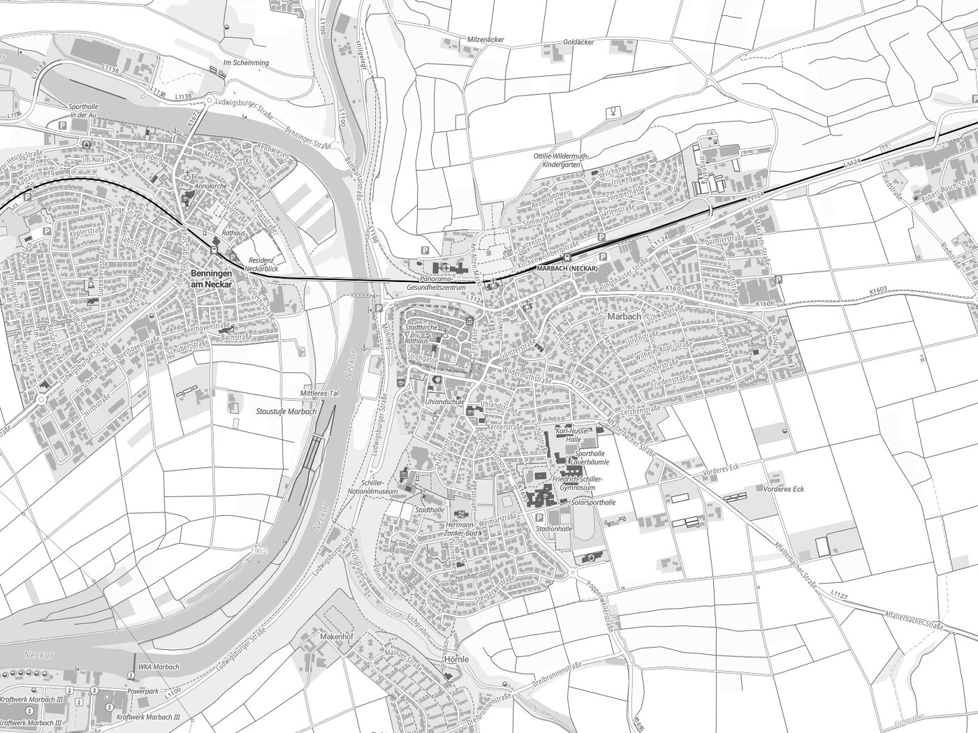 Kartenausschnitt Marbach am Neckar mit Gewässern