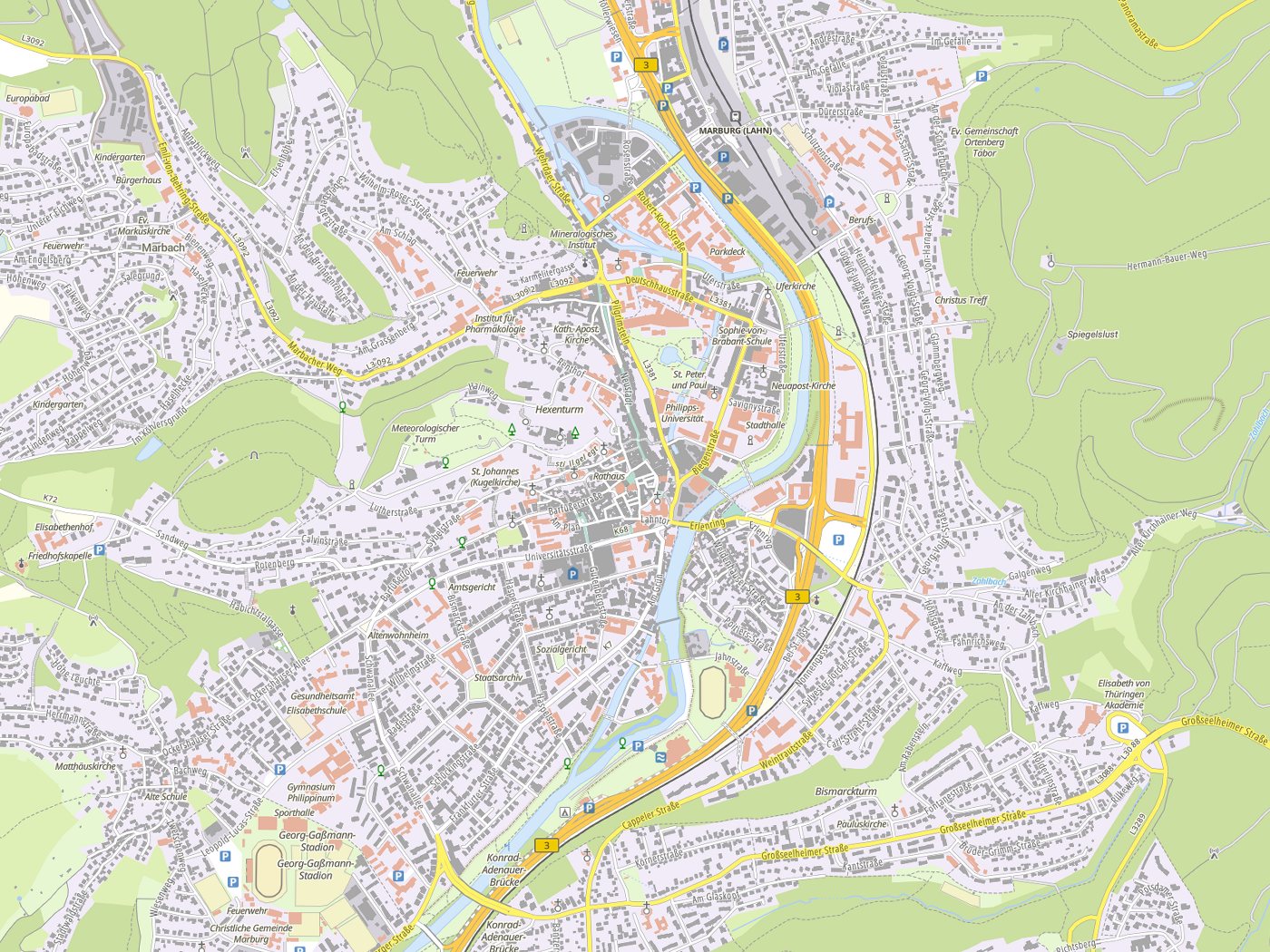 Kartenausschnitt Marburg an der Lahn mit Gewässern