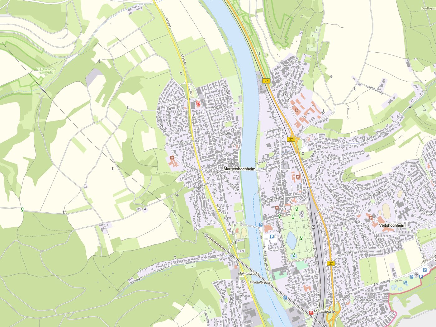 Kartenausschnitt Margetshöchheim mit Gewässern