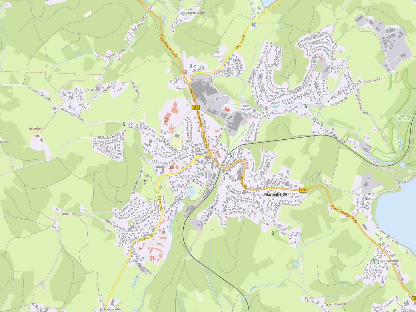 Kartenausschnitt Marienheide mit Gewässern