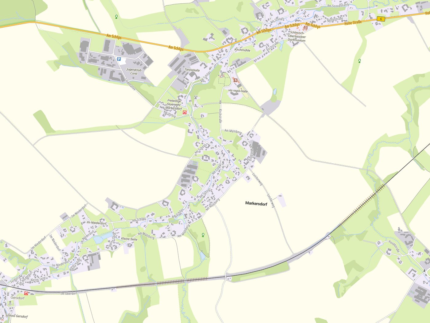 Kartenausschnitt Markersdorf mit Gewässern