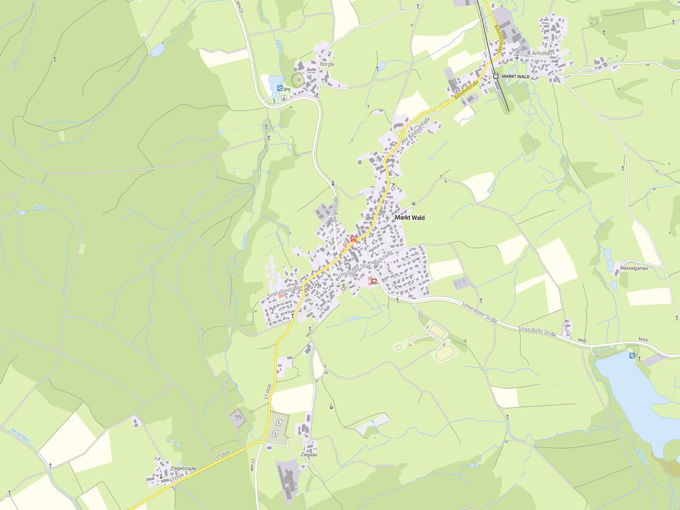 Kartenausschnitt Markt Wald mit Gewässern