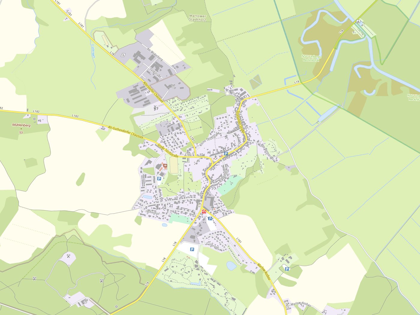 Kartenausschnitt Marlow mit Gewässern