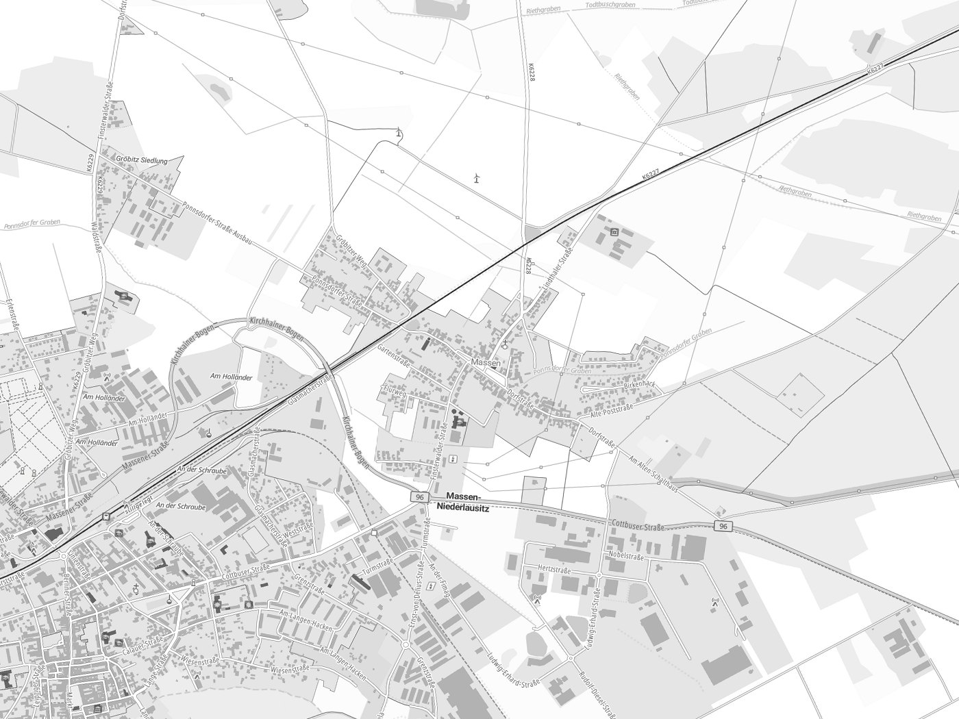Kartenausschnitt Massen-Niederlausitz mit Gewässern