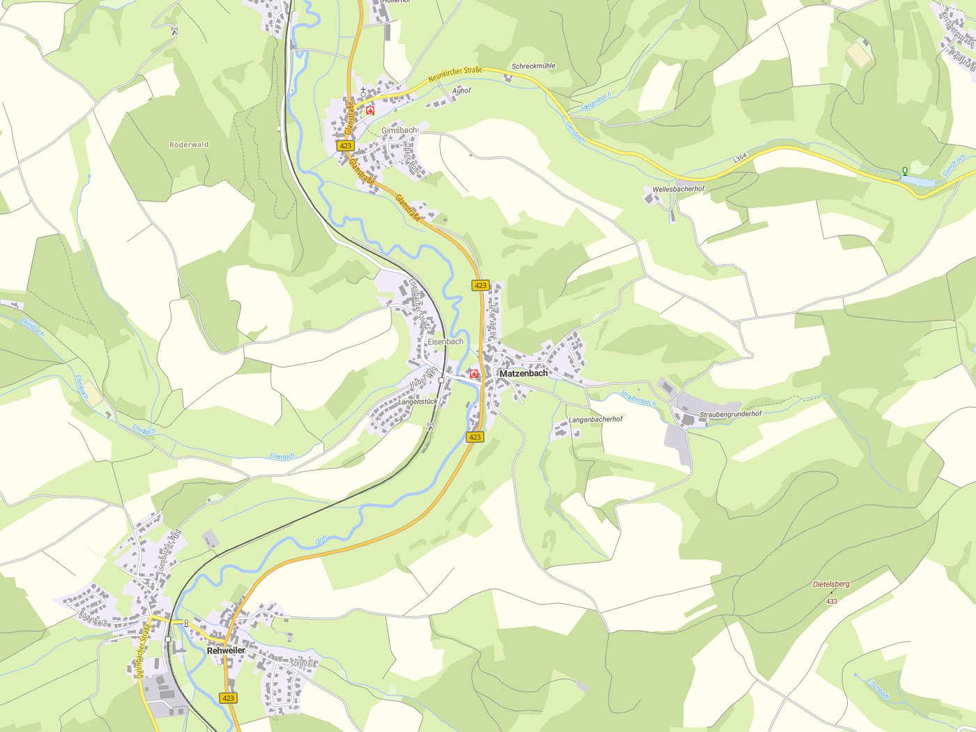 Kartenausschnitt Matzenbach mit Gewässern
