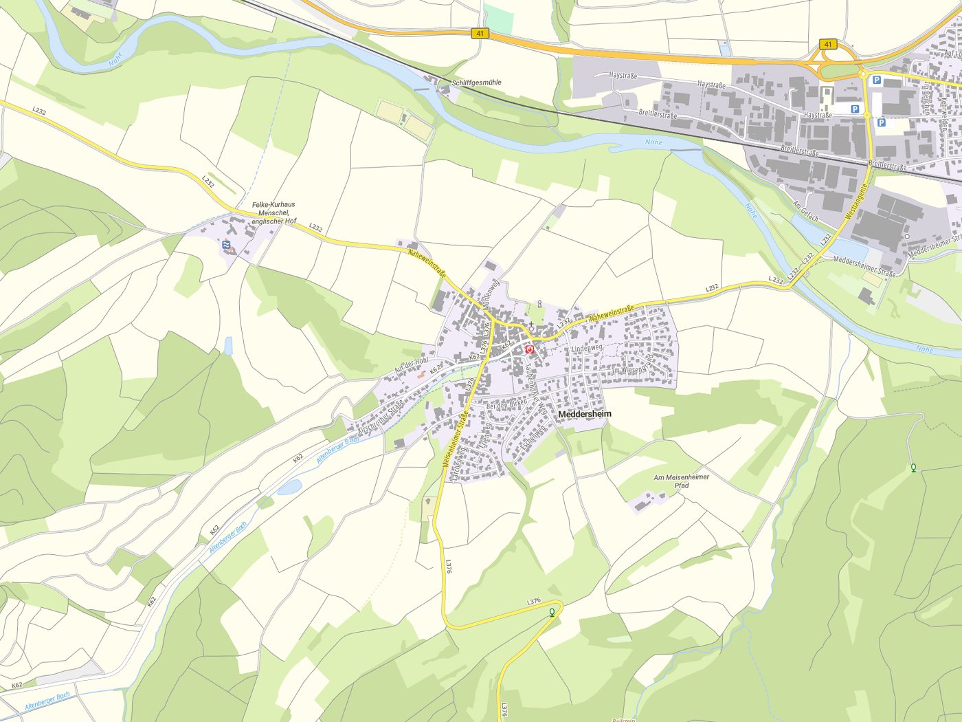 Kartenausschnitt Meddersheim mit Gewässern