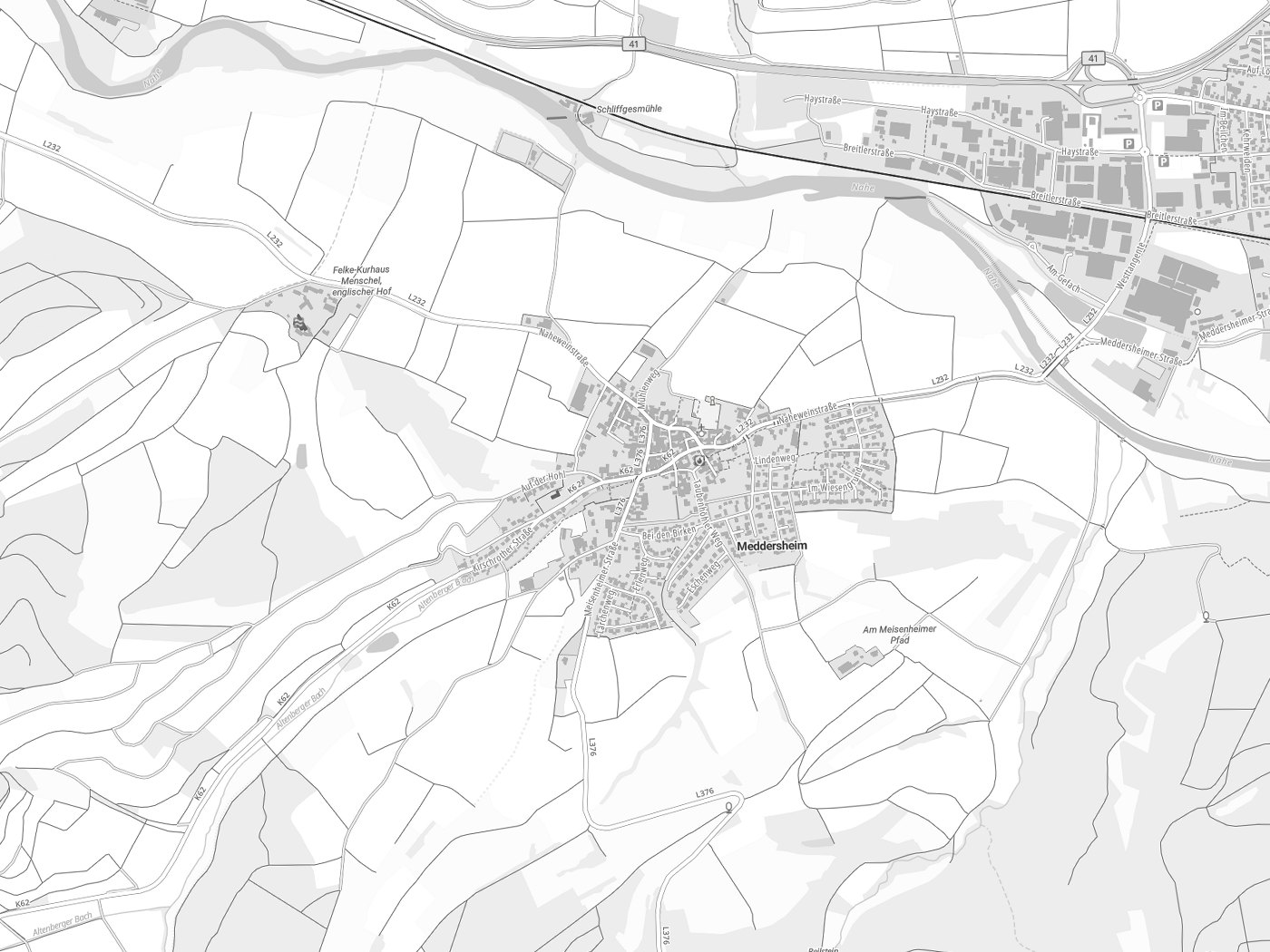 Kartenausschnitt Meddersheim mit Gewässern
