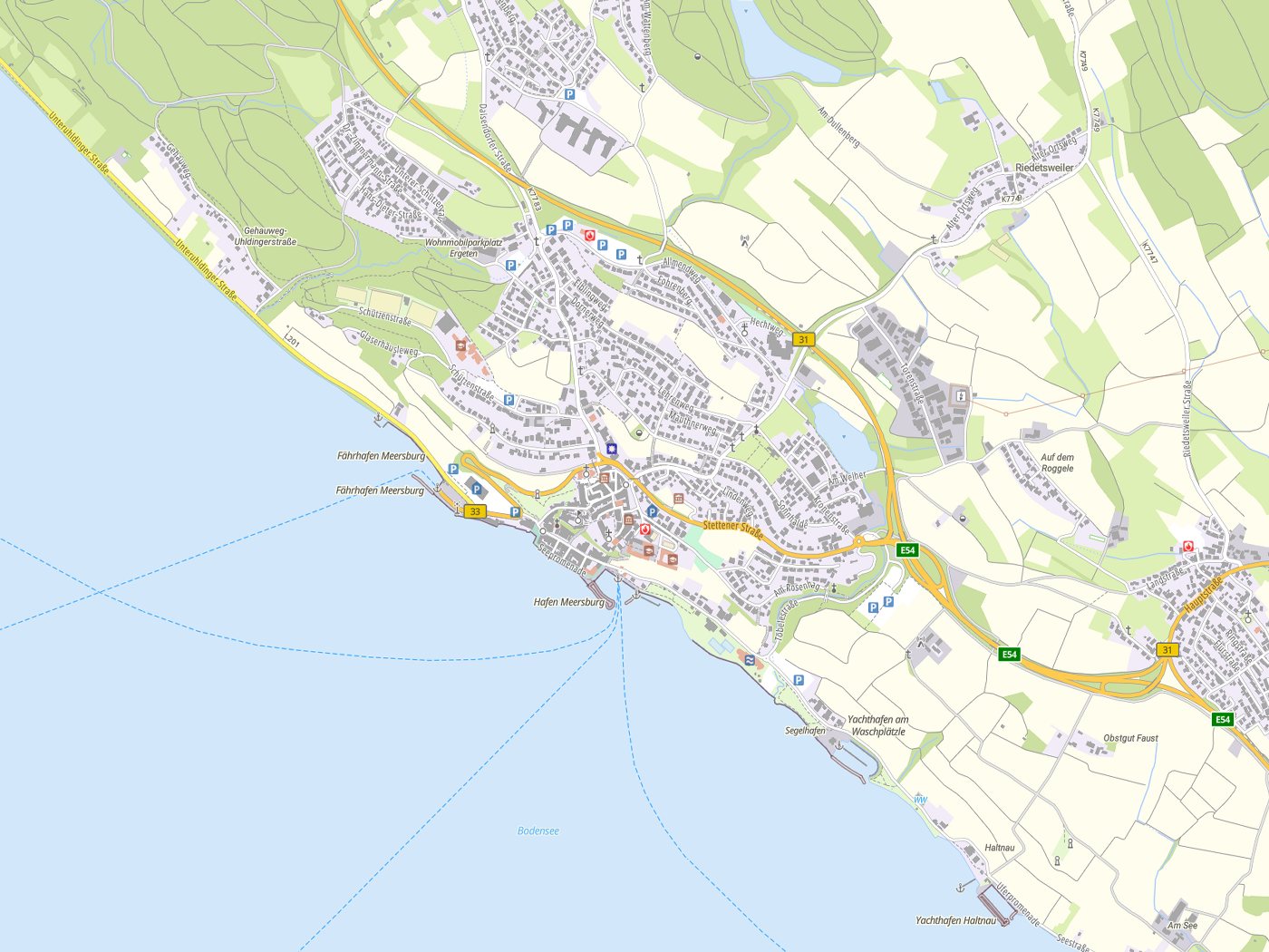 Kartenausschnitt Meersburg mit Gewässern