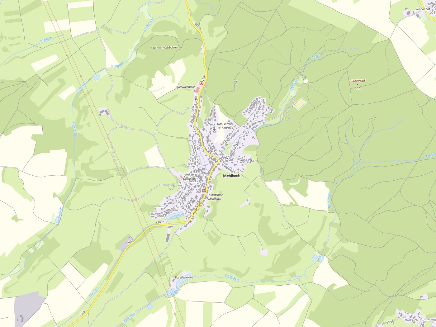 Kartenausschnitt Mehlbach mit Gewässern