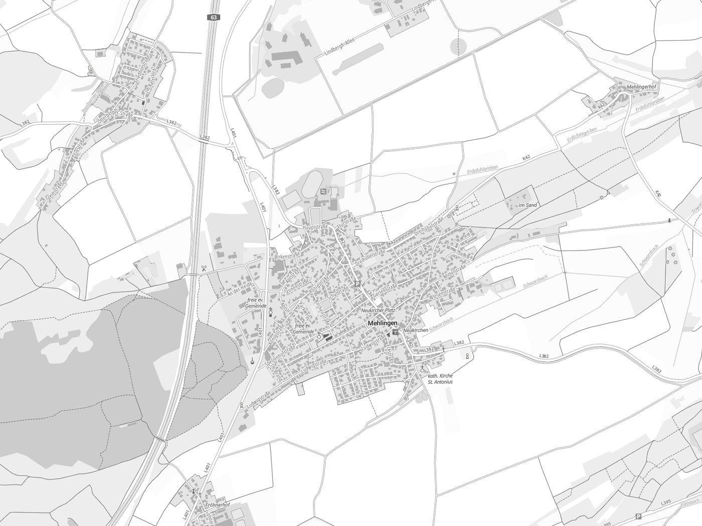 Kartenausschnitt Mehlingen mit Gewässern