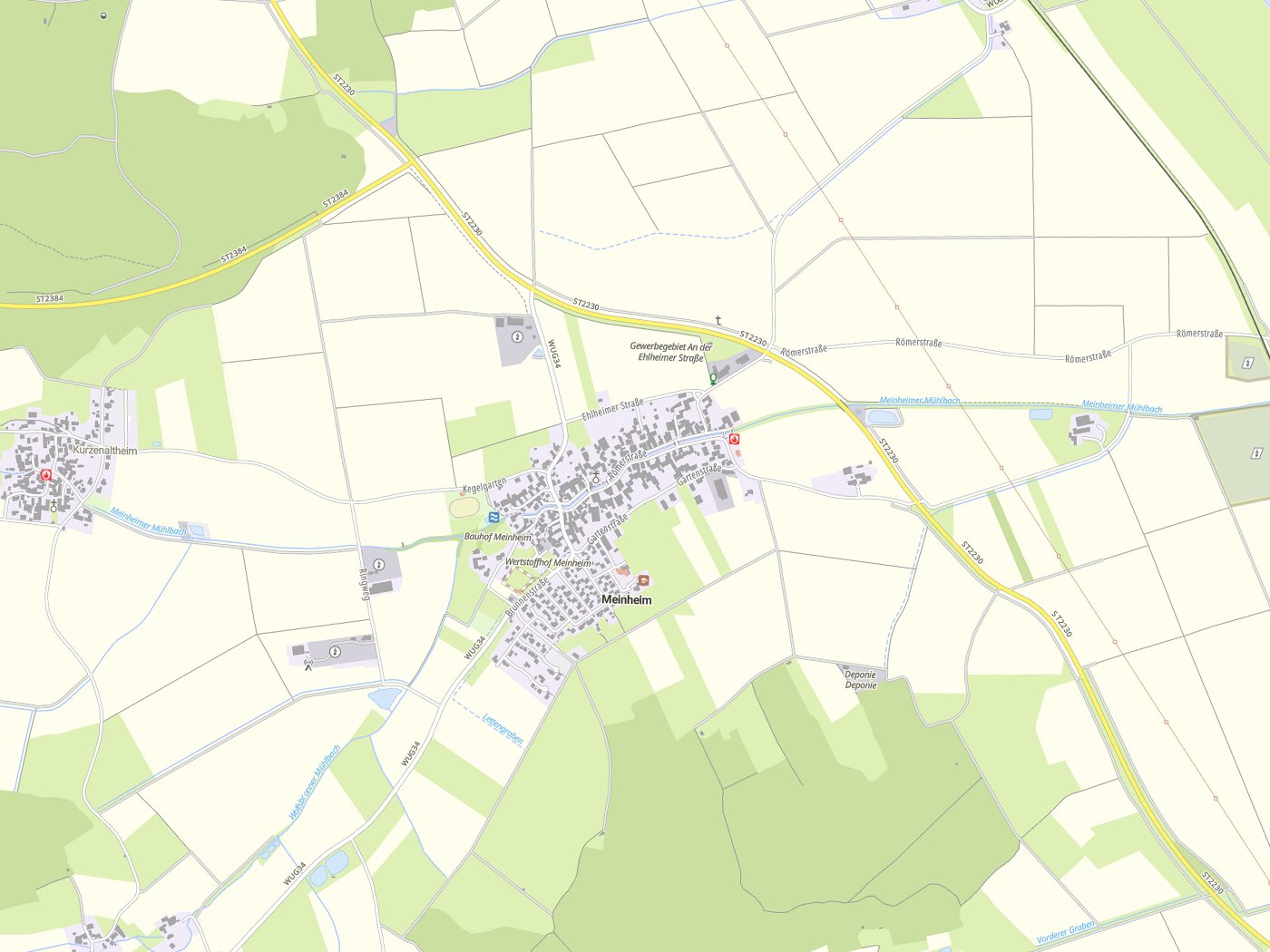 Kartenausschnitt Meinheim mit Gewässern