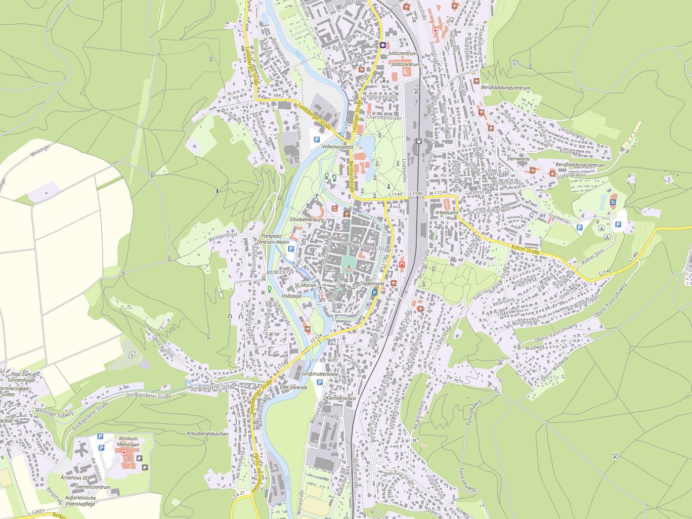 Kartenausschnitt Meiningen mit Gewässern