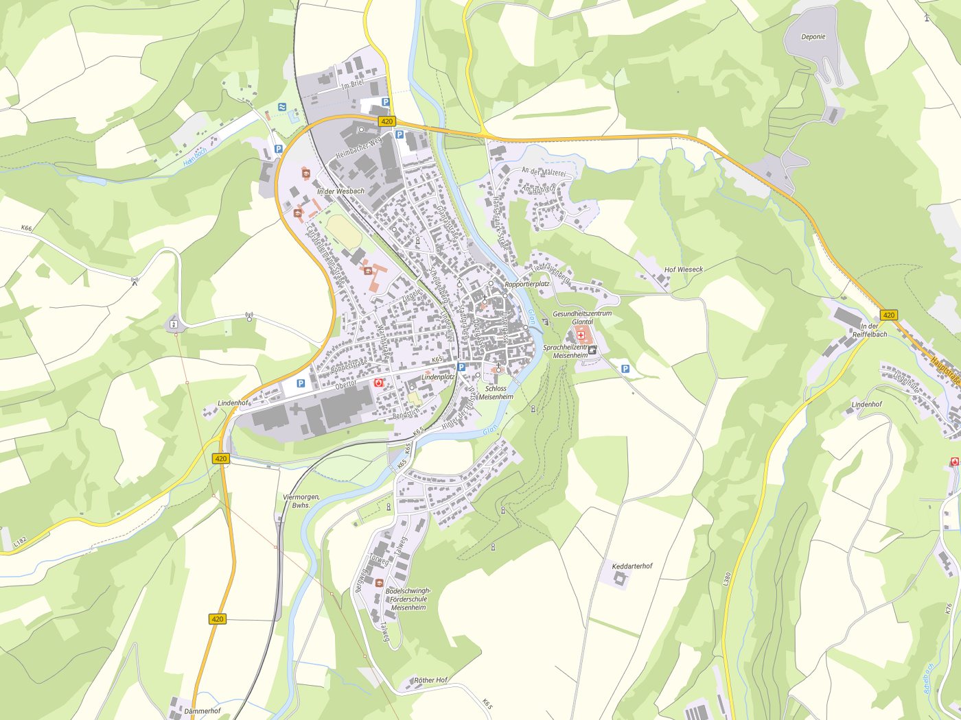 Kartenausschnitt Meisenheim mit Gewässern